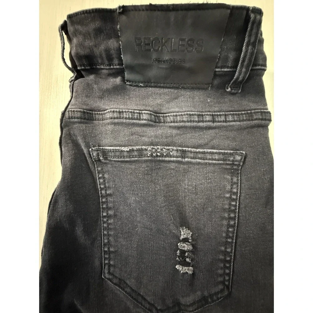 RECKLESS Men's Distressed Slim Straight Jeans Black Denim 5-Pocket Button Zip